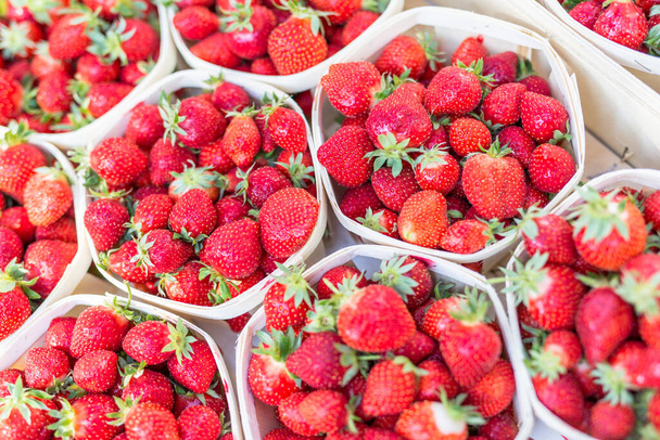 Fresas frescas en cajas en el mercado semanal, primer plano se puede utilizar como fondo. Fresa fresca madura - Foto, imagen