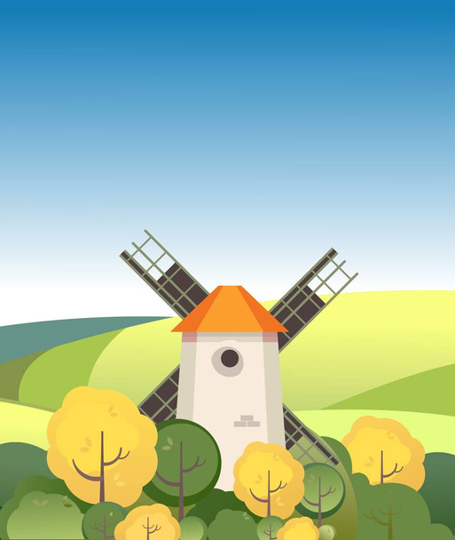 vertical poster vector illustration windmill on countryside background - ベクター画像