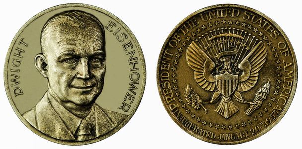 Монета, присвячена портрету Дуата Ейзенхауера. 34-й президент США 1953-1961 рр. Пам "ятні монети. - Фото, зображення