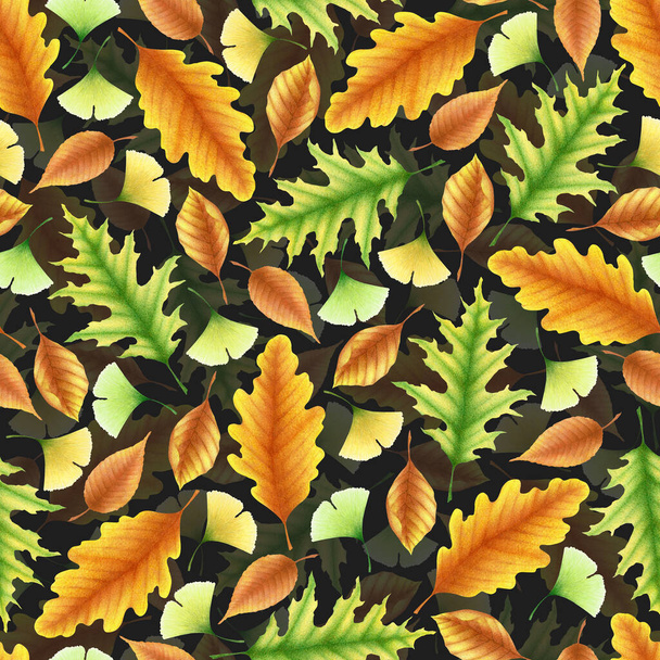 Seamless watercolor pattern with hand drawn autumn leaves isolated on black background. Botanical illustration for print, textile, card, invitation, wallpaper, fabric, home decor - Foto, imagen