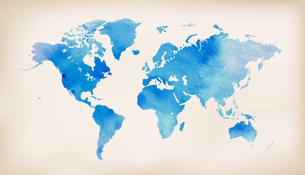 Mappa del mondo blu su sfondo carta vintage. acquerello stile - Vettoriali, immagini