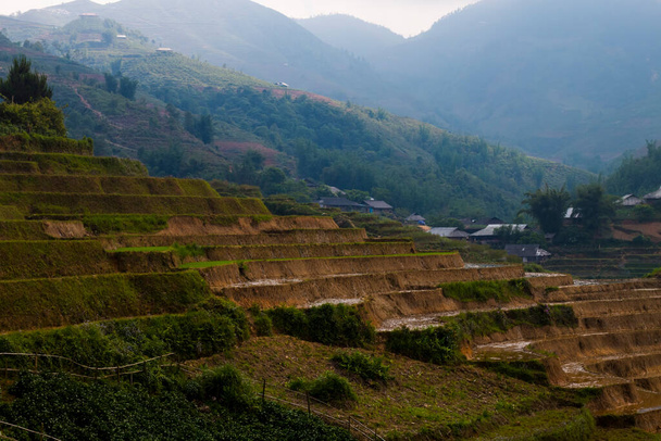 Ландшафт В'єтнаму з рисовим полем, річкою, горами і низькими хмарами в ранньому туманному ранкові в Трюнхань Хань, Као Вибух, В'єтнам. - Фото, зображення