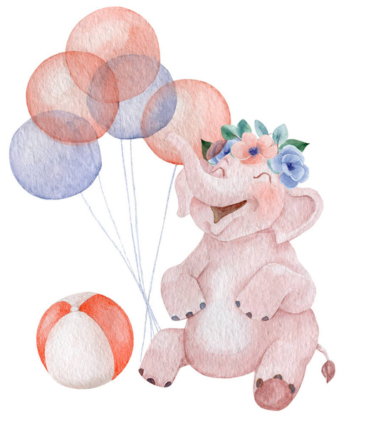 Baby girl elephant laughing watercolor illustration. Children book illustration character. Hand painted party pink elephant isolated on white background. - Photo, Image