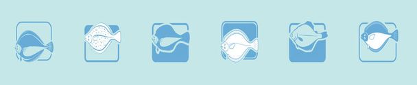 conjunto de peixes solha. desenho animado ícone modelo de design com vários modelos. ilustração vetorial moderna isolado no fundo azul - Vetor, Imagem