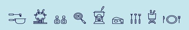 conjunto de deliciosa fondue tradicional de queso suizo. plantilla de diseño icono de dibujos animados con varios modelos. ilustración vectorial moderna aislada sobre fondo azul - Vector, imagen