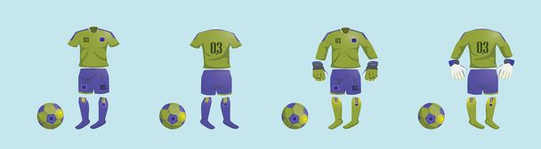 Σετ από σετ ποδοσφαίρου ή φανέλα ποδοσφαίρου. σύγχρονο πρότυπο σχεδίασης εικονίδιο κινουμένων σχεδίων με διάφορα μοντέλα. διανυσματική απεικόνιση απομονωμένη σε μπλε φόντο - Διάνυσμα, εικόνα