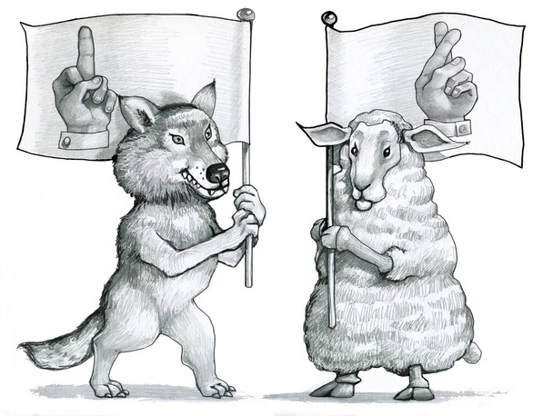 Wolf hat eine Fahne mit einer Hand, die mit einem mittleren erhobenen Symbol der Arroganz gezeichnet ist, das Schiff hat eine Fahne mit abergläubischen Daumendrücken als Symbol der Sanftmut - Foto, Bild