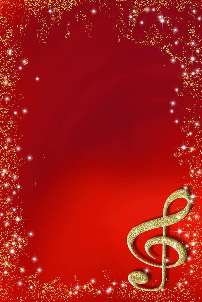 Weihnachtskarte. Notenschlüssel in Gold-Glitzerstruktur auf rotem Papier-Glitzergoldrahmen Hintergrund mit Kopierraum, vertikales Bild. - Foto, Bild