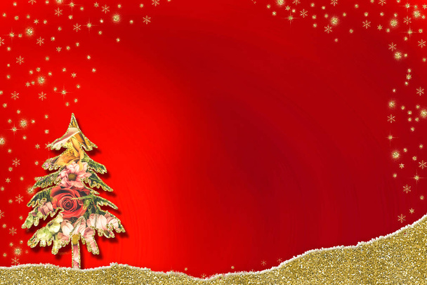 Рождественские открытки, абстрактная расписка цветов елка, красный бумажный фон с копировальным пространством . - Фото, изображение