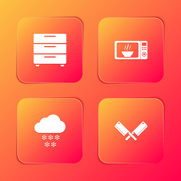 Set Furniture nightstand, Microwave oven, Cloud with snow and Crossed meat chopper icon. Vector. - Vektori, kuva