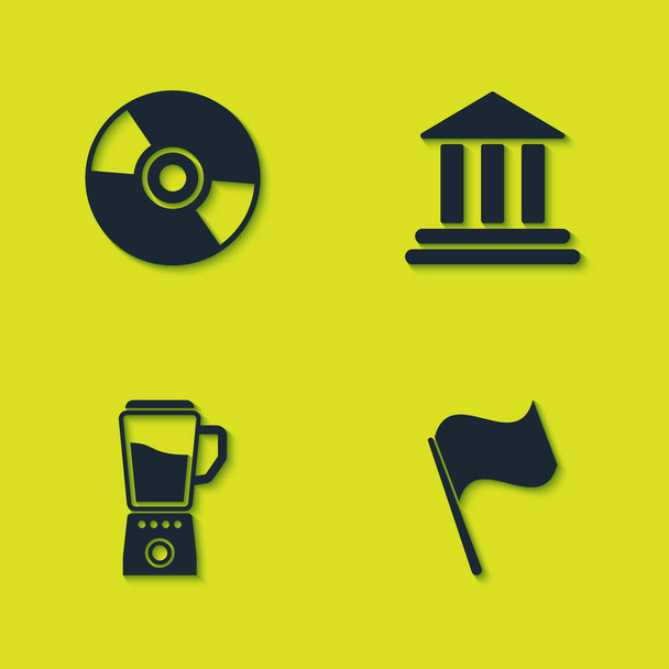 Set CD or DVD disk, Flag, Blender and Bank building icon. Vector. - Vektor, obrázek