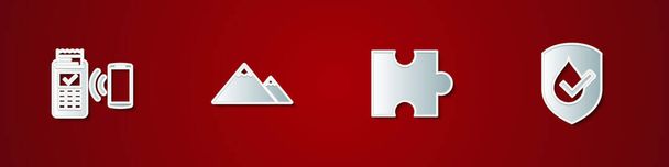 Set POS terminal, Mountains, Piece of puzzle and Waterproof icon. Vector. - Vetor, Imagem