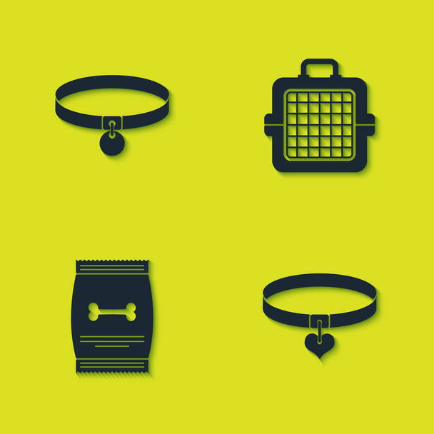 Set Collar, and heart, Bag of food for pet and Pet carry case icon. Vector. - Vektor, kép