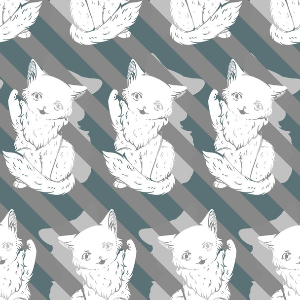 A cute illustration featuring a fluffy cat with one of it's paw raised. Would you want to face a final boss such as this? An adorable seamless surface pattern design of kitty. - Photo, Image