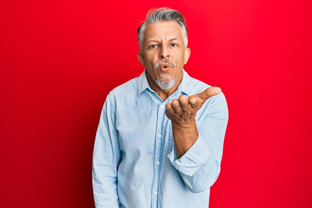 Middle age grey-haired man wearing casual clothes looking at the camera blowing a kiss with hand on air being lovely and sexy. love expression.  - Photo, Image