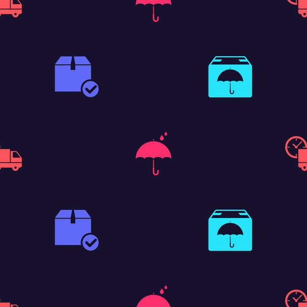 Set Delivery package with umbrella, Package box check mark, Umbrella and rain drops and truck clock on seamless pattern. Vector. - Vektor, obrázek
