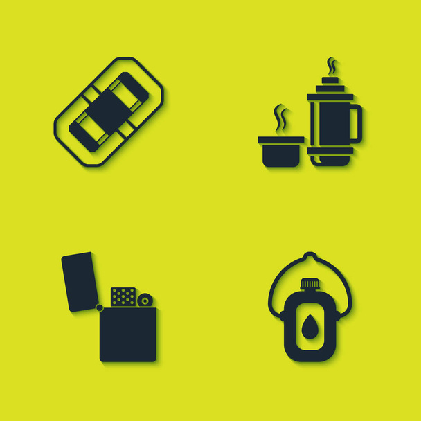 Set Rafting boat, Canteen water bottle, Lighter and Thermos container icon. Vector. - Vektor, obrázek