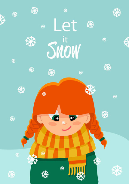 Postal Let it Snow. La ilustración vectorial de una chica pelirroja atrapa copos de nieve. Ilustración de invierno. Clip art. - Vector, imagen