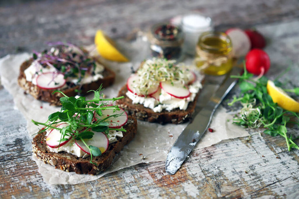 Healthy toasts with white cheese radish and microgreens. Keto diet. Keto toasts. Organic food. Super food. - Photo, Image