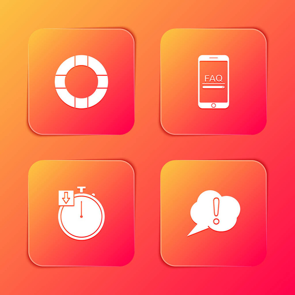 Set Lifebuoy, Mobile with FAQ information, Stopwatch and Speech bubble Exclamation icon. Vector. - Vettoriali, immagini