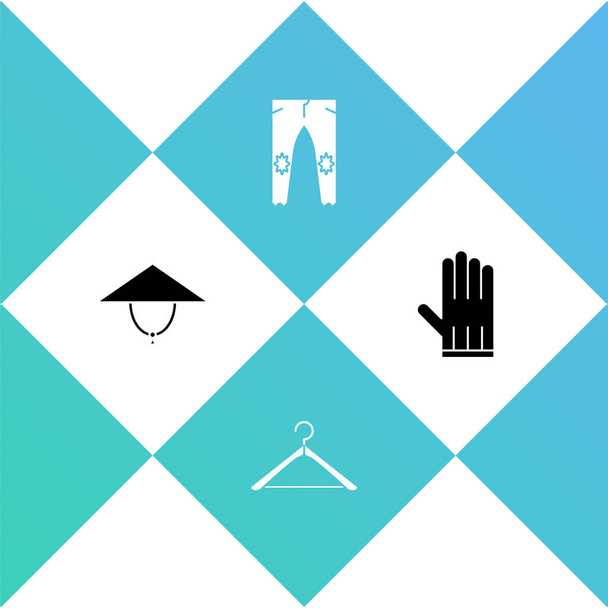 Set Asian conical hat, Hanger wardrobe, Pants and Leather glove icon. Vector. - Wektor, obraz