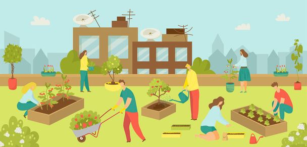 Urban building with flat garden at rooftop concept, vector illustration. City agriculture gardening people at green nature background. - ベクター画像