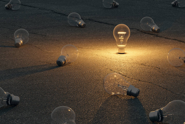 lâmpada ao lado de outros bulbos não-trabalho que estão deitados no chão. 3D. - Foto, Imagem