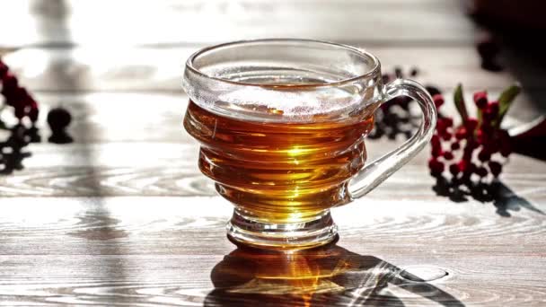Forró tea átlátszó csésze gőz fa asztalon. Egészséges tervezés. Őszi háttér. Tavaszi szezon. Reggeli életmód koncepció. - Felvétel, videó