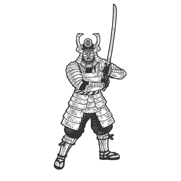 Samurai warrior with katana sword sketch engraving vector illustration. T-shirt apparel print design. Scratch board imitation. Black and white hand drawn image. - Vecteur, image