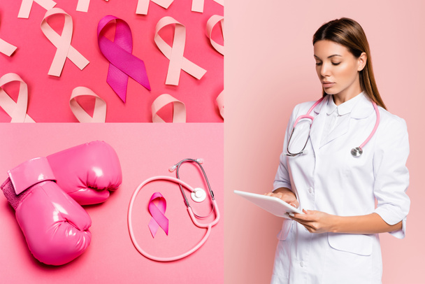 Collage of doctor using digital tablet and pink ribbons with boxing gloves on pink background - Photo, Image