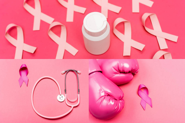 Collage de frasco con pastillas, cintas de color rosa de la conciencia de cáncer de mama y estetoscopio sobre fondo rosa - Foto, imagen