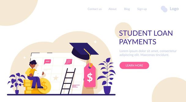 Student loan payment concept. Student loans, investment in knowledge. Education banking business. Economical system to get money for college or university. Modern flat illustration. - Vector, Image