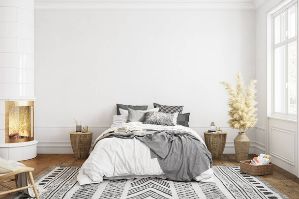 White bedroom interior with fireplace carpet, dry plants and decor. 3d render illustration mock up. - 写真・画像
