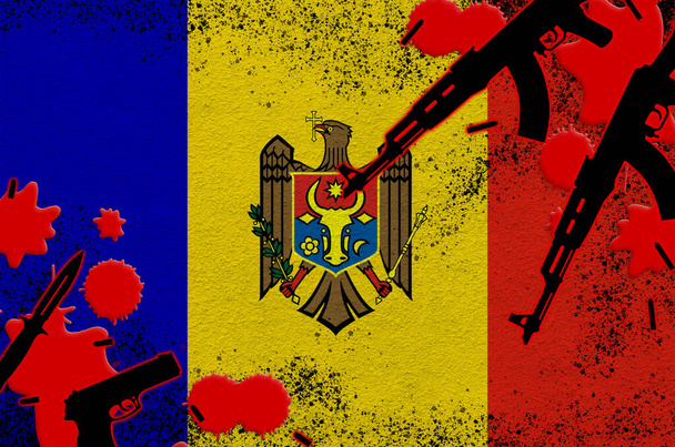 Μολδαβία σημαία και τα όπλα σε κόκκινο αίμα. Έννοια για τρομοκρατική επίθεση και στρατιωτικές επιχειρήσεις. Εμπόριο όπλων - Φωτογραφία, εικόνα
