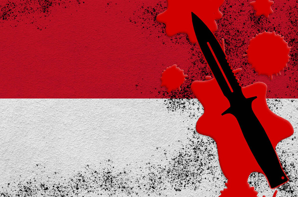 Прапор Монако і чорний тактичний ніж у червоній крові. Концепція терористичної атаки або військових операцій з смертельним результатом. Небезпечне використання зброї ближнього бою - Фото, зображення