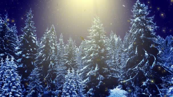 Rayos celestiales y nieve mágica caen en el árbol de Navidad. María Navidad y feliz año nuevo fondo de animación - Imágenes, Vídeo