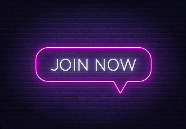 Join now neon sign on a brick background. - Vector, Image