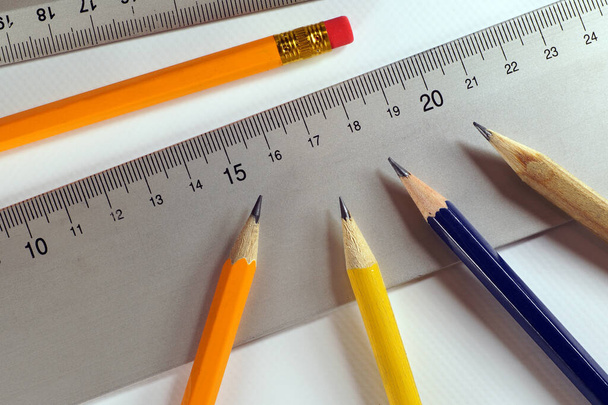 Sharpened pencils, prepared rulers for drawing. Preparation to work. - Photo, Image
