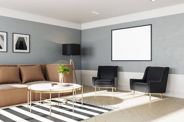 Modern living room interior with sofa, lamp, coffee table and blank poster on wall. 3D Rendering - Fotó, kép