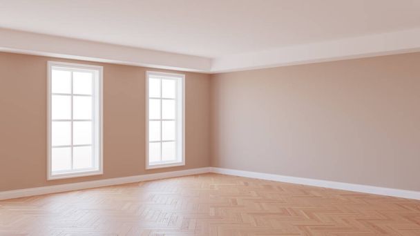 Esquina interior con paredes beige, suelo de parquet, dos ventanas grandes blancas y un zócalo blanco con camino de trabajo en ventanas. 3D render. Ultra HD 8K 7680x4320 - Foto, imagen