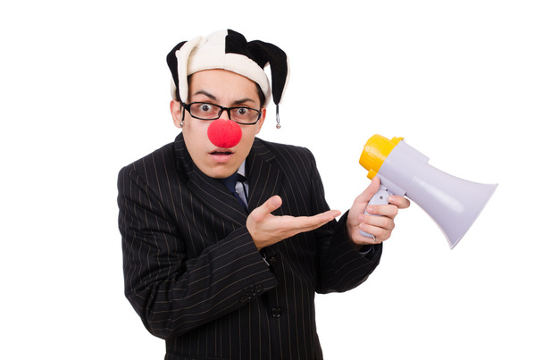 Бізнесмен клоун з гучномовцем
 - Фото, зображення