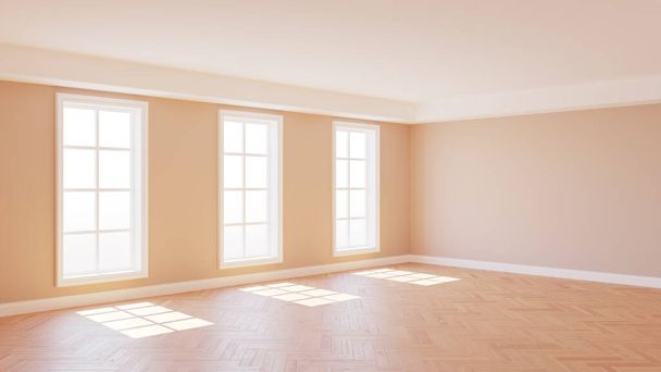 Esquina interior con paredes beige, suelo de parquet, tres grandes ventanas blancas y un zócalo blanco, iluminado por el sol con camino de trabajo en ventanas. 3D render. Ultra HD 8K 7680x4320 - Foto, Imagen