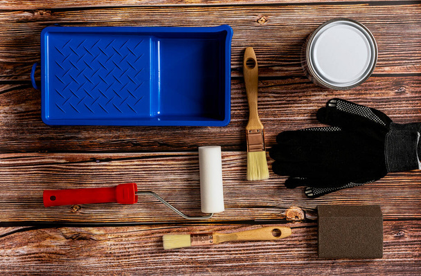 Set of tools for painting on wooden table background top view - Photo, image