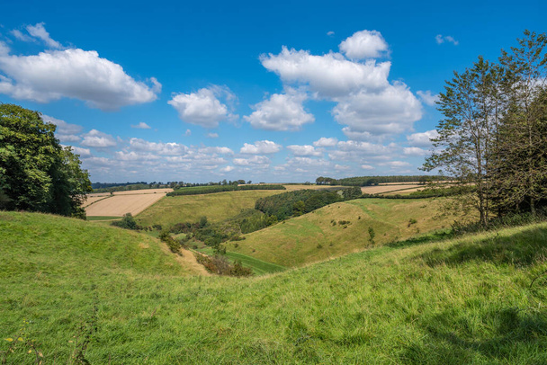 Blick auf ein tiefgrünes Tal mit blauem Himmel und weißen Wolken in den Yorkshire Wolds - Foto, Bild