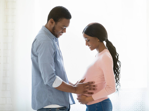 Sivukuva komea musta mies koskettaa vaimojaan raskaana vatsa lähellä ikkunaa kotona - Valokuva, kuva