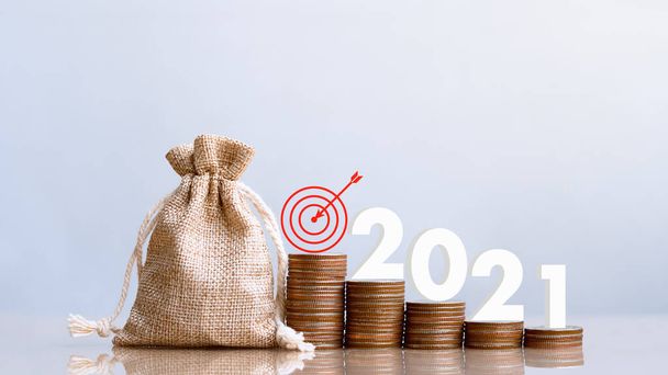 2021と小さな植物の木と袋のコイン。年金基金401Kパッシブインカム。投資と退職。設備投資の成長コンセプト。リスク管理。予算2021. - 写真・画像