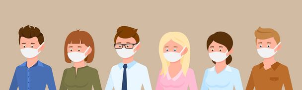 Cartoon character side view portrait man and woman wearing medical masks protecting disease, flu vector illustration set. Group of male and female people preventing corona virus infection - Zdjęcie, obraz