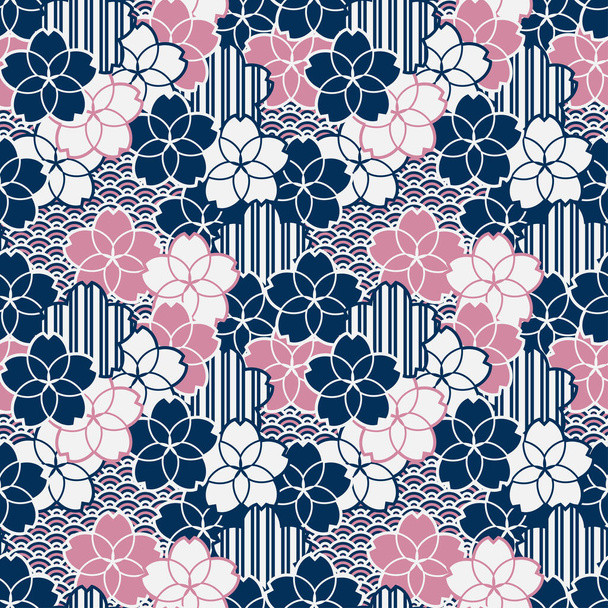 Sakura fleurs en bleu et rose motif géométrique japonais avec des rayures et des vagues texture. Motif vectoriel sans couture pour le textile, la mode, le papier, l'emballage et l'image de marque. - Vecteur, image