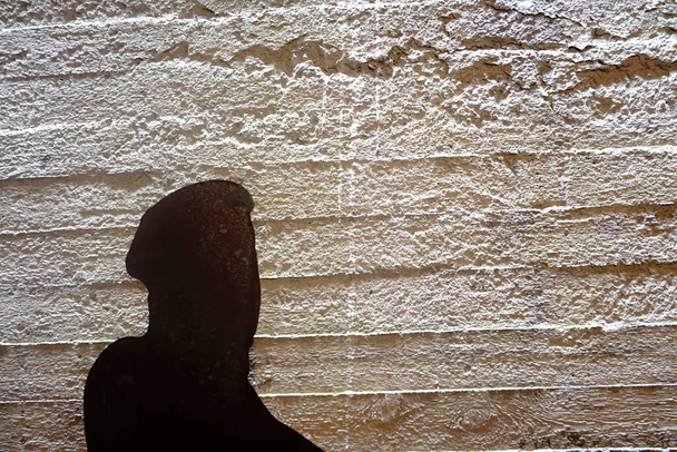                placa de metal oxidado como una silueta humana sobre un fondo de pared de hormigón áspero. silueta de la gente.                 - Foto, imagen