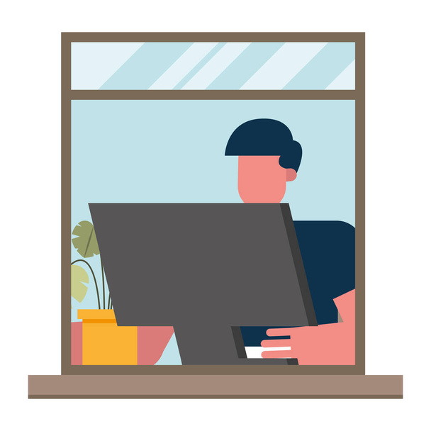 Homme avec ordinateur travaillant à partir de la conception vectorielle de fenêtre à la maison - Vecteur, image